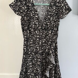 J. Crew Mercantile Black and White Floral Faux-Wrap Dress